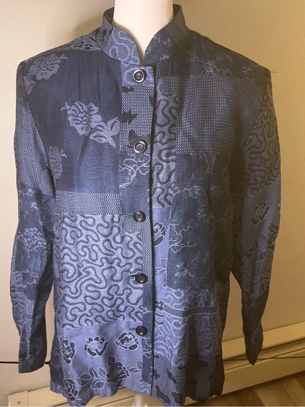 Coldwater Creek Navy Patchwork-Print Mandarin Collar Button Front Shirt